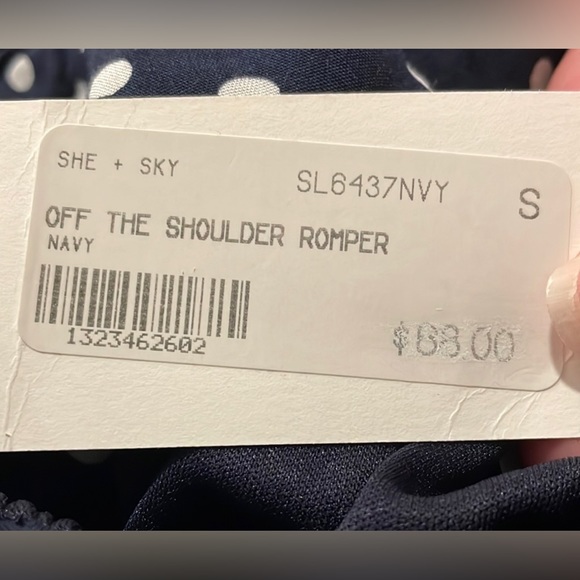 NWT Anthro She + Sky Off The Shoulder Polka Dot Romper in Navy & White Sz Small - Picture 3 of 4